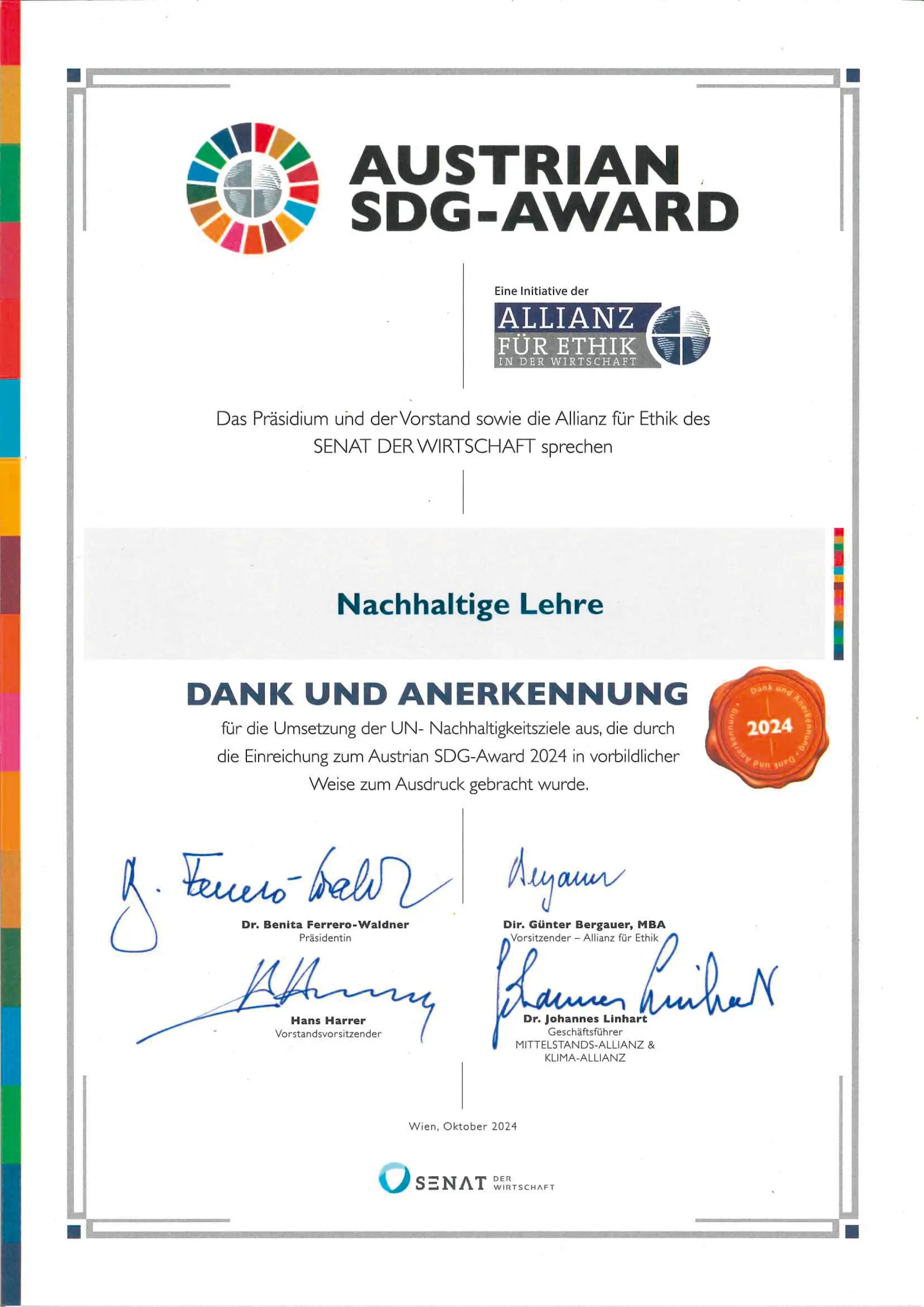 2024 SDGAward Urkunde Nachhaltige Lehre Diana Reuter Gregor Wimmer